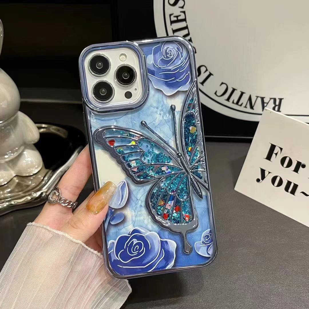 iPhone 11 to iPhone 15 Pro MAX Mobile Back Part, Luxury Glitter Sparkle Sparkly Bling Electro Plated Butterfly Pattern Soft Shockproof.